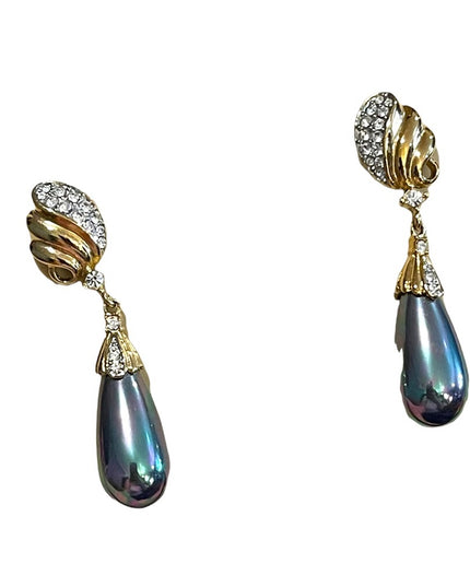 Vintage Hudson Bay Faux Tahisian Pearl gold rhinestone dangle earrings Orig Box