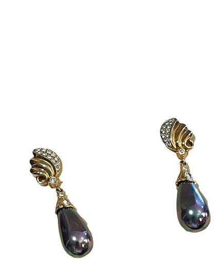 Vintage Hudson Bay Faux Tahisian Pearl gold rhinestone dangle earrings Orig Box
