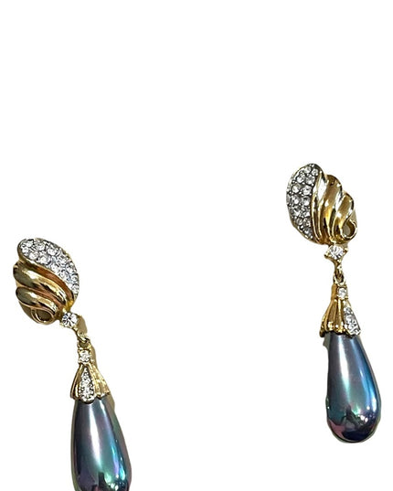 Vintage Hudson Bay Faux Tahisian Pearl gold rhinestone dangle earrings Orig Box
