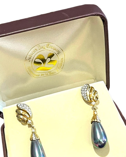 Vintage Hudson Bay Faux Tahisian Pearl gold rhinestone dangle earrings Orig Box
