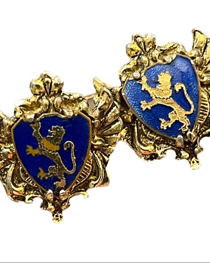 Vintage 1950s Gold finish Blue guilloche coat of arms earrings  Lion Heraldic