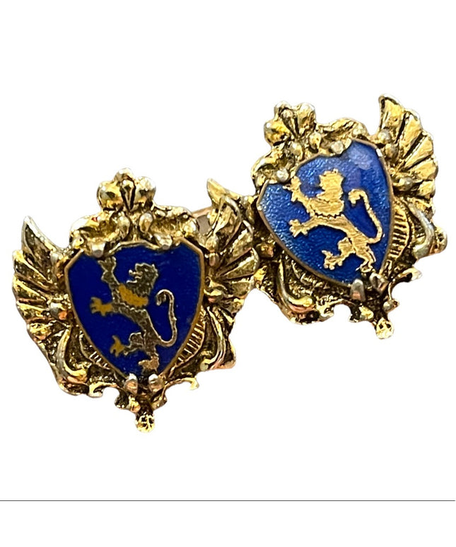 Vintage 1950s Gold finish Blue guilloche coat of arms earrings  Lion Heraldic