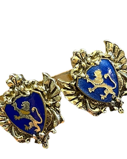 Vintage 1950s Gold finish Blue guilloche coat of arms earrings  Lion Heraldic