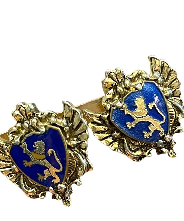 Vintage 1950s Gold finish Blue guilloche coat of arms earrings  Lion Heraldic