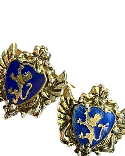 Vintage 1950s Gold finish Blue guilloche coat of arms earrings  Lion Heraldic