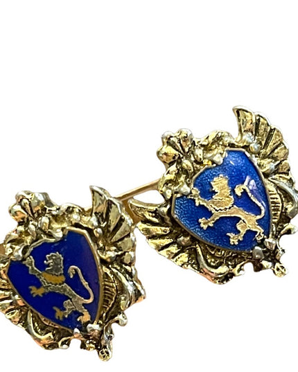 Vintage 1950s Gold finish Blue guilloche coat of arms earrings  Lion Heraldic