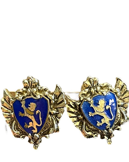 Vintage 1950s Gold finish Blue guilloche coat of arms earrings  Lion Heraldic