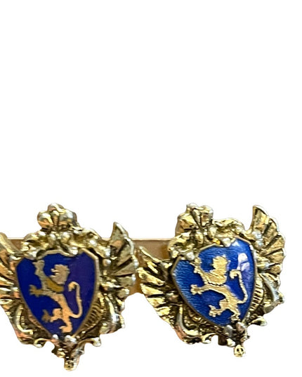 Vintage 1950s Gold finish Blue guilloche coat of arms earrings  Lion Heraldic