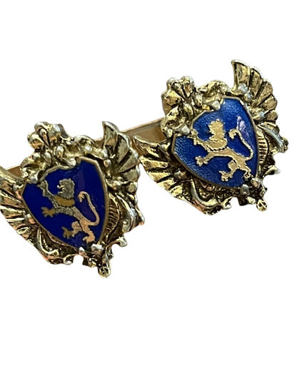 Vintage 1950s Gold finish Blue guilloche coat of arms earrings  Lion Heraldic