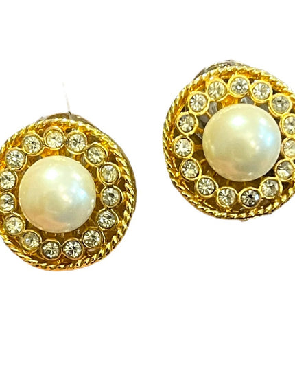 Vintage gold finish faux pearl rhinestone crystal round pierced earrings
