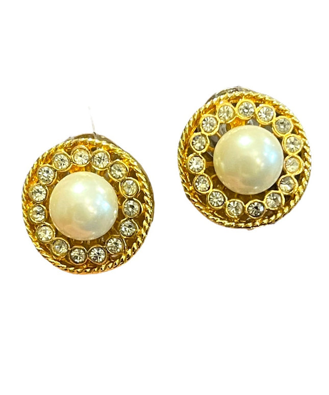 Vintage gold finish faux pearl rhinestone crystal round pierced earrings