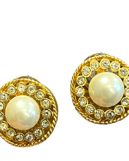 Vintage gold finish faux pearl rhinestone crystal round pierced earrings