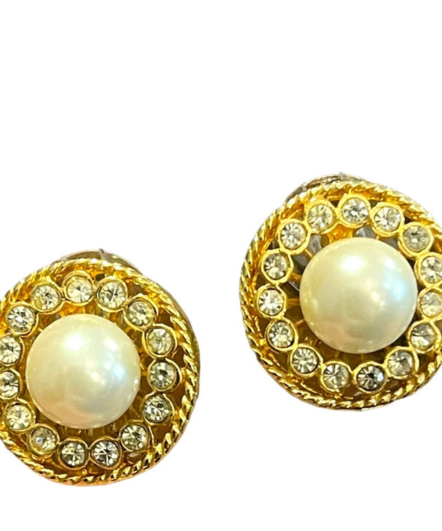 Vintage gold finish faux pearl rhinestone crystal round pierced earrings
