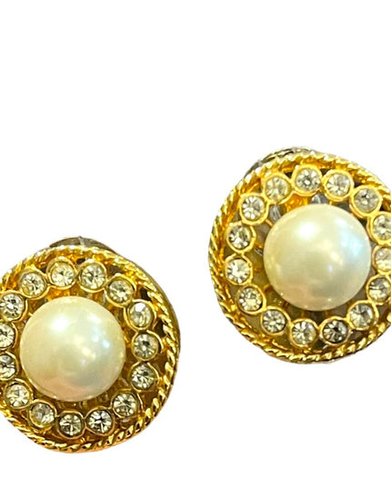 Vintage gold finish faux pearl rhinestone crystal round pierced earrings