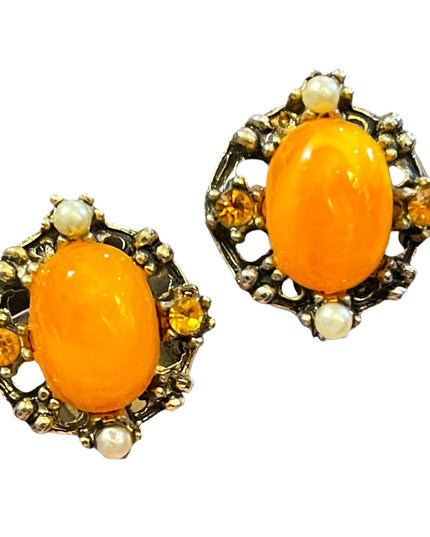 Vintage 1960s Mandarin Orange pearl rhinestone gold finiah fabcy earrings