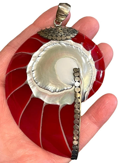 Red sterling silver 925 XL fancy Nautilus Shell necklace pendant