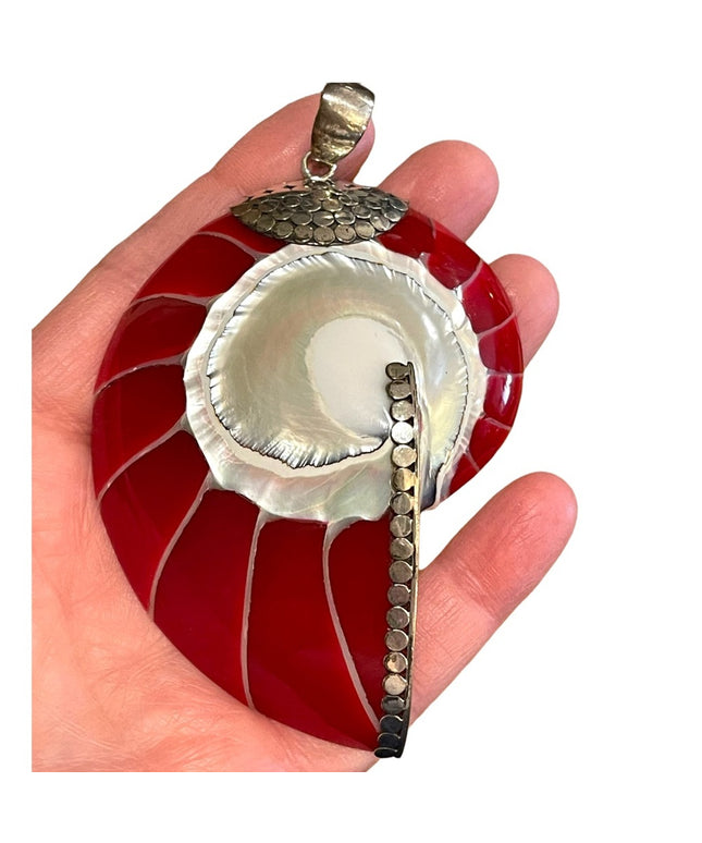 Red sterling silver 925 XL fancy Nautilus Shell necklace pendant