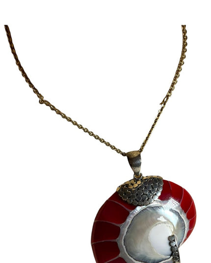 Red sterling silver 925 XL fancy Nautilus Shell necklace pendant