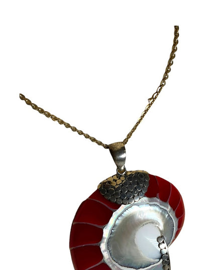 Red sterling silver 925 XL fancy Nautilus Shell necklace pendant