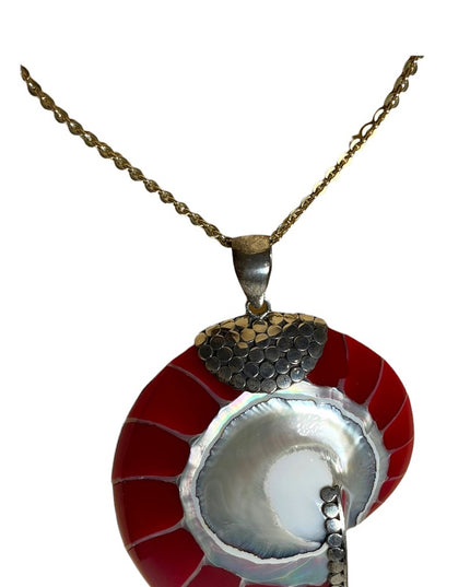 Red sterling silver 925 XL fancy Nautilus Shell necklace pendant