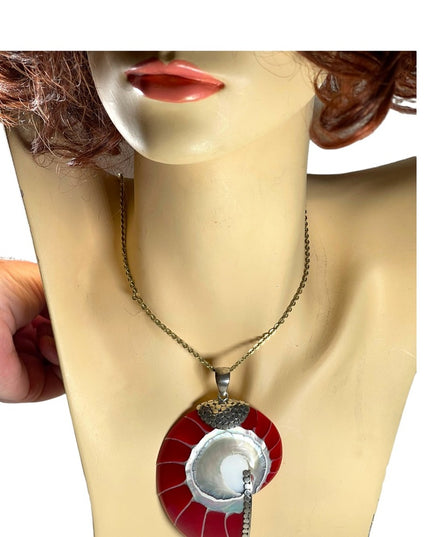 Red sterling silver 925 XL fancy Nautilus Shell necklace pendant