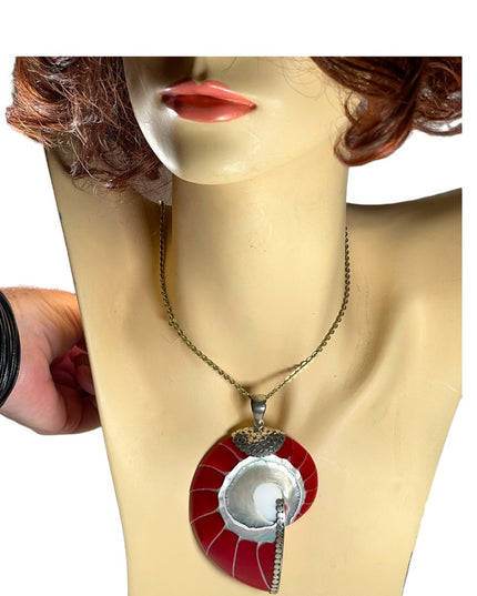 Red sterling silver 925 XL fancy Nautilus Shell necklace pendant