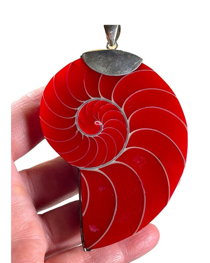 Red sterling silver 925 XL fancy Nautilus Shell necklace pendant