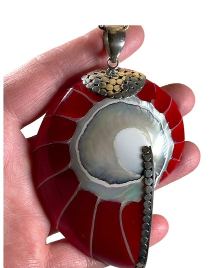 Red sterling silver 925 XL fancy Nautilus Shell necklace pendant