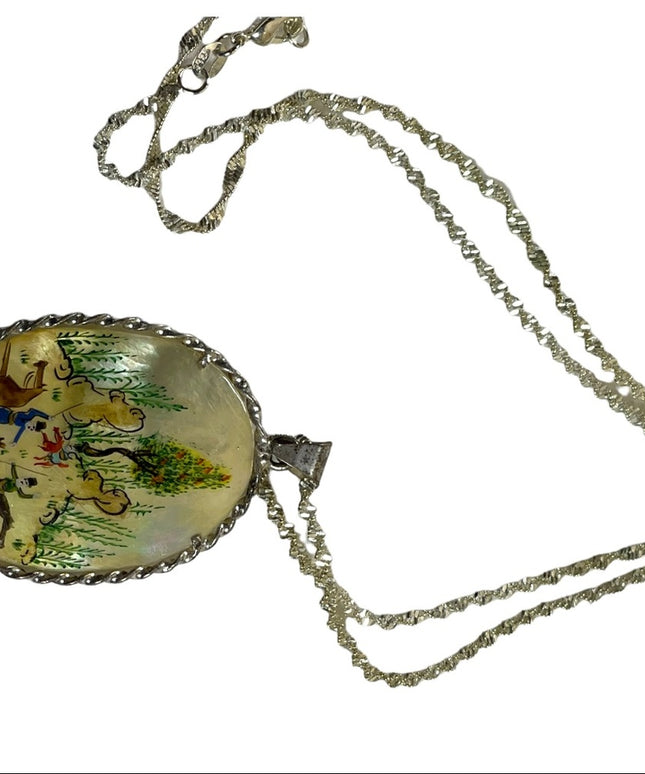 Vintage 1920s Persian STORY sterling silver 925 Hand painted MOP pearl shell