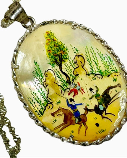 Vintage 1920s Persian STORY sterling silver 925 Hand painted MOP pearl shell