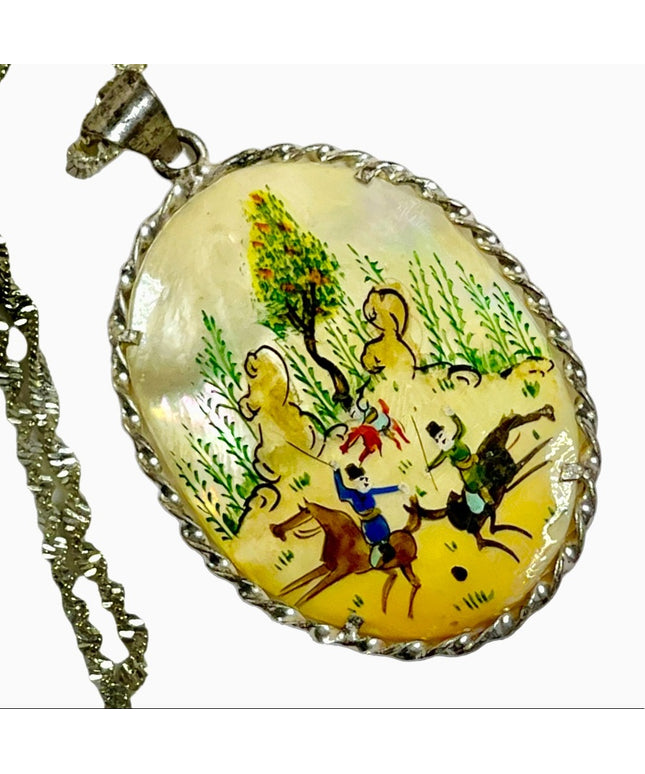 Vintage 1920s Persian STORY sterling silver 925 Hand painted MOP pearl shell