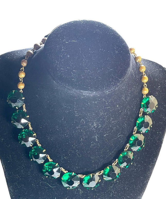 Vintage 1940s Emerald green chunky heavy crystal JULIANA style fancy necklace