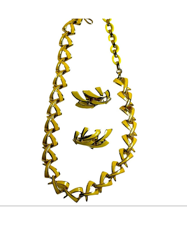 Vintage 1960s CORO Canary Yellow enamel fancy necklace & earrings set gold