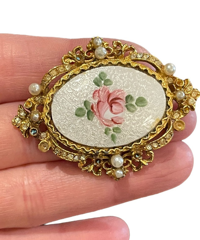 Vintage 1945 CORO Pegasus Guilloche enamel Pink Rose brooch Art Nouveau enamel