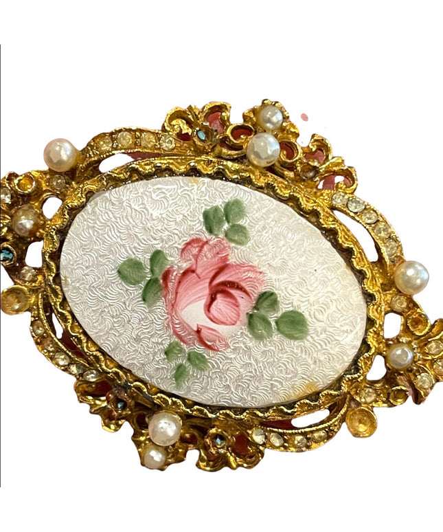 Vintage 1945 CORO Pegasus Guilloche enamel Pink Rose brooch Art Nouveau enamel