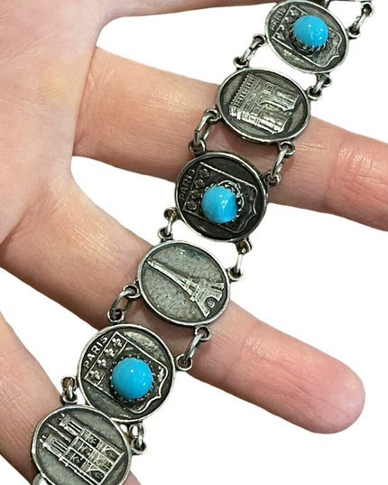 Vintage silver finish torquois Eiffel Tower Paris Tour Travel bracelet Cathedral