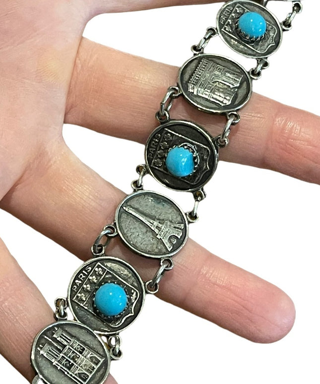 Vintage silver finish torquois Eiffel Tower Paris Tour Travel bracelet Cathedral