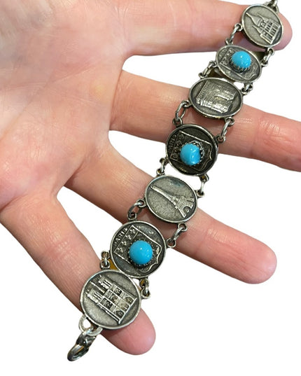 Vintage silver finish torquois Eiffel Tower Paris Tour Travel bracelet Cathedral
