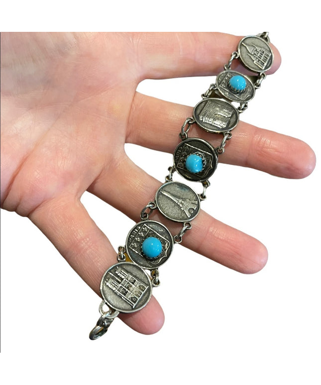Vintage silver finish torquois Eiffel Tower Paris Tour Travel bracelet Cathedral