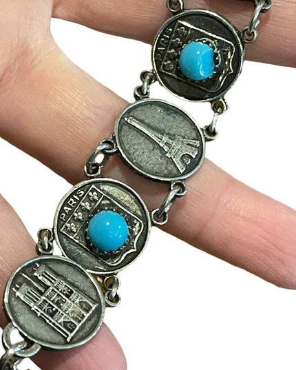Vintage silver finish torquois Eiffel Tower Paris Tour Travel bracelet Cathedral