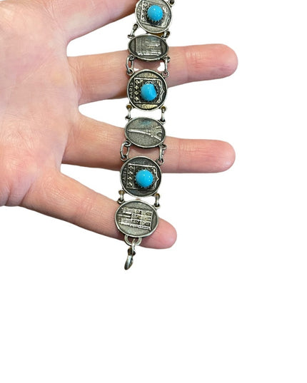 Vintage silver finish torquois Eiffel Tower Paris Tour Travel bracelet Cathedral