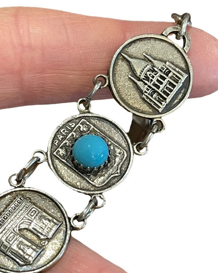 Vintage silver finish torquois Eiffel Tower Paris Tour Travel bracelet Cathedral