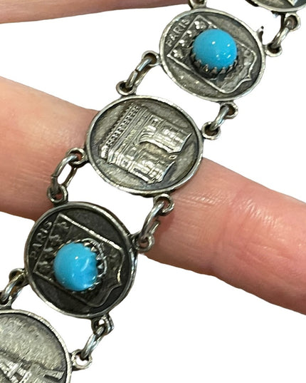 Vintage silver finish torquois Eiffel Tower Paris Tour Travel bracelet Cathedral