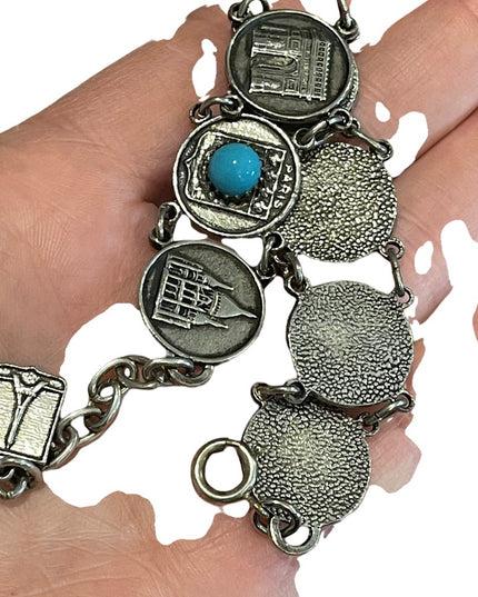 Vintage silver finish torquois Eiffel Tower Paris Tour Travel bracelet Cathedral