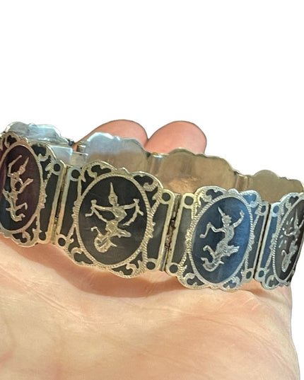 Vintage Sterling silver 925 1940s SIAM goddess enameled bracelet bangle link