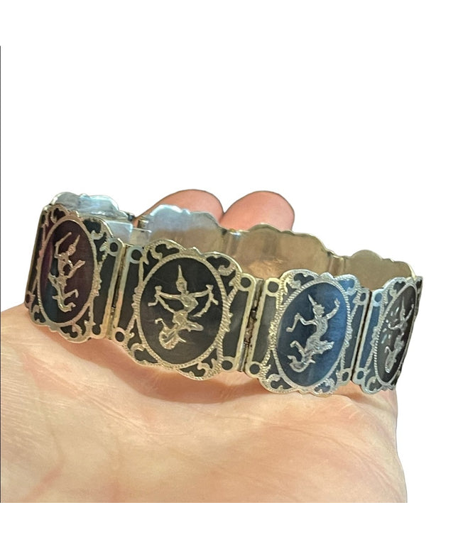Vintage Sterling silver 925 1940s SIAM goddess enameled bracelet bangle link