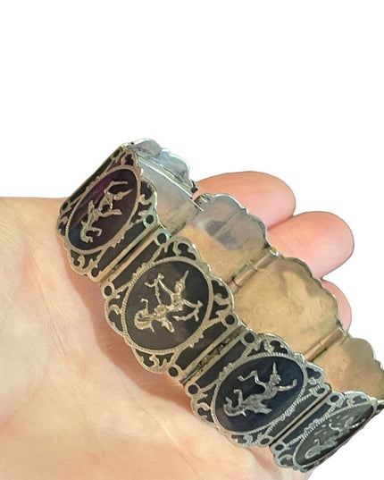 Vintage Sterling silver 925 1940s SIAM goddess enameled bracelet bangle link