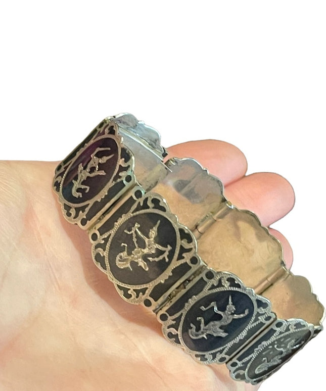 Vintage Sterling silver 925 1940s SIAM goddess enameled bracelet bangle link