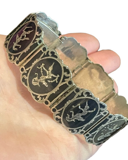 Vintage Sterling silver 925 1940s SIAM goddess enameled bracelet bangle link