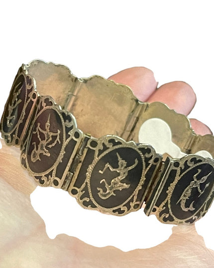 Vintage Sterling silver 925 1940s SIAM goddess enameled bracelet bangle link